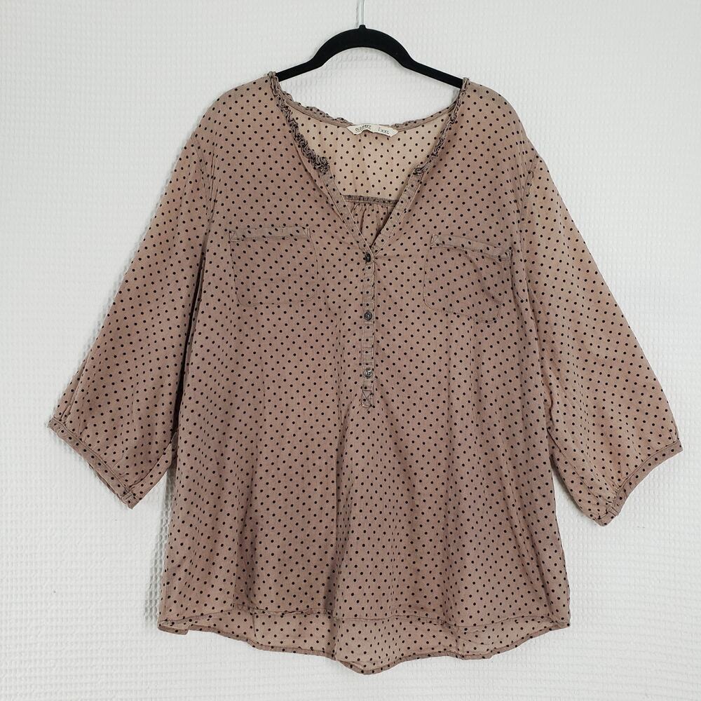 Old Navy Tunic Blouse Womens XXL Brown Polka Dot Print V-Neck 3/4 Sleeve Twee